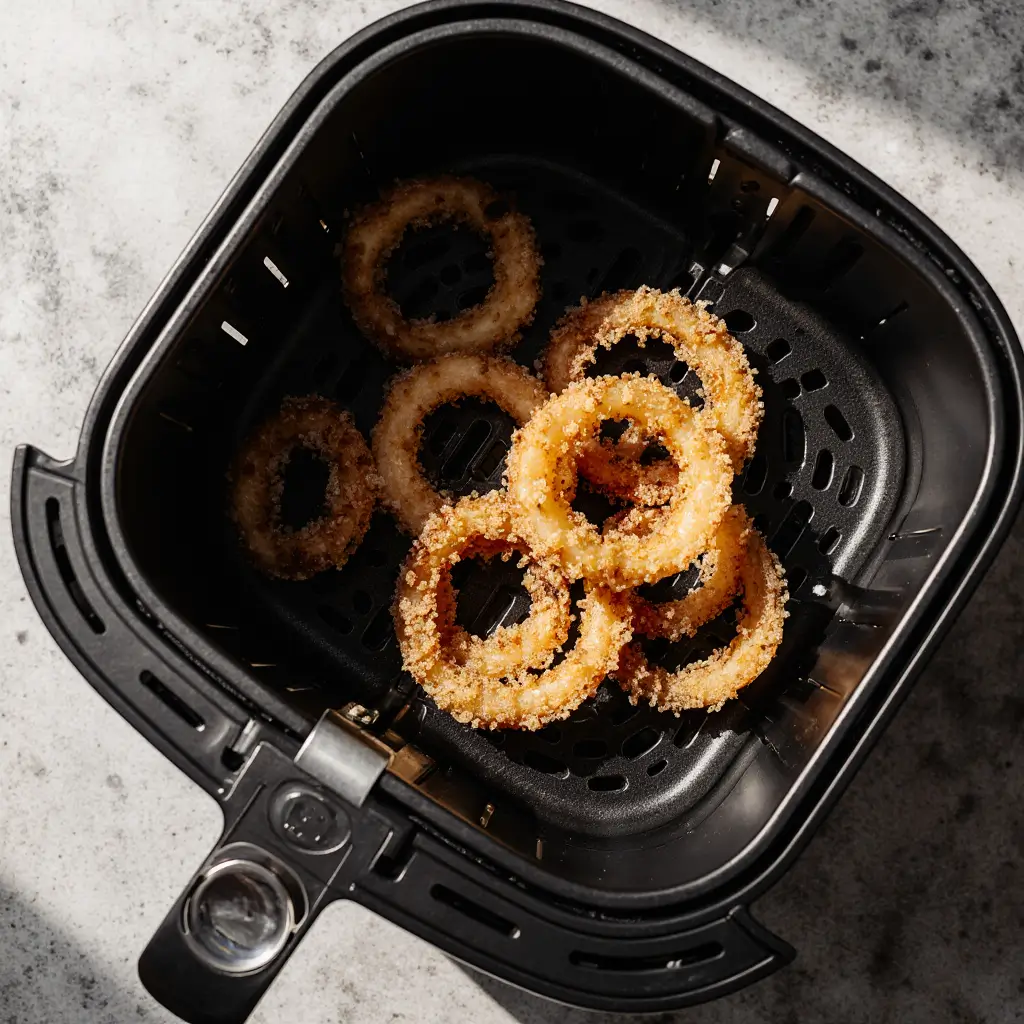 Crispy Keto Parmesan Onion Rings Recipe You’ll Love 10 Air fryer basket with crispy keto parmesan onion rings