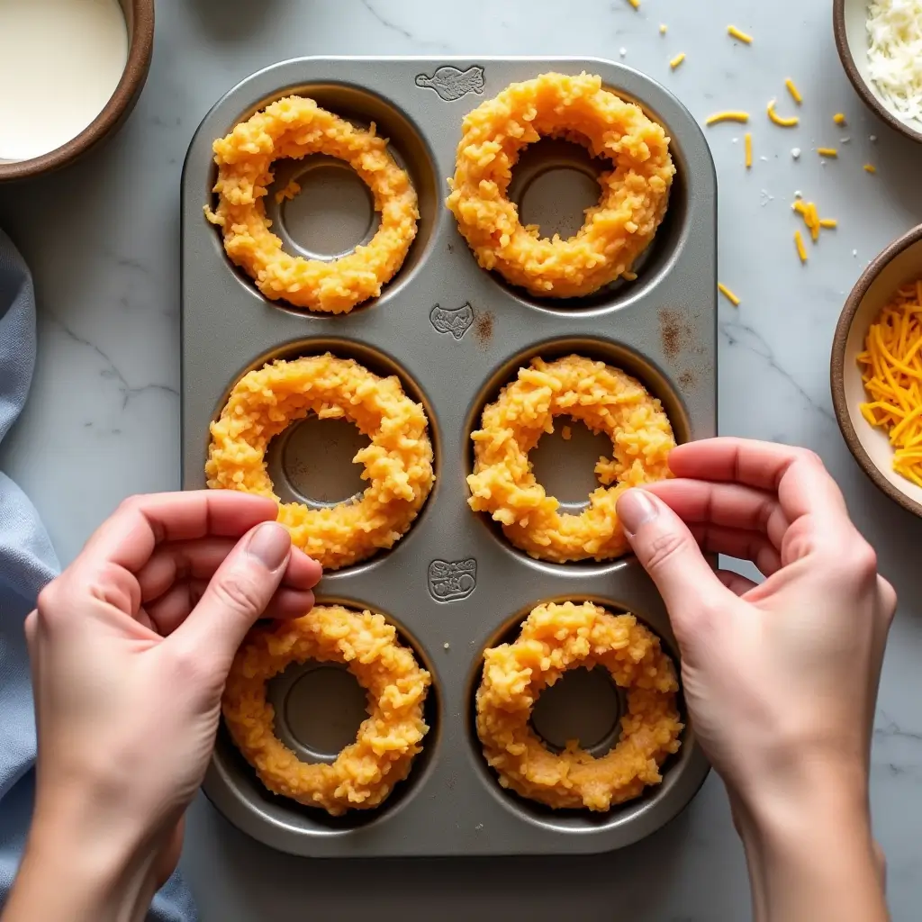 Keto Cheese Onion Rings in Donut Pan – So Good, You’ll Never Miss the Bread 9 Assembling keto cheese onion rings in a donut pan before baking