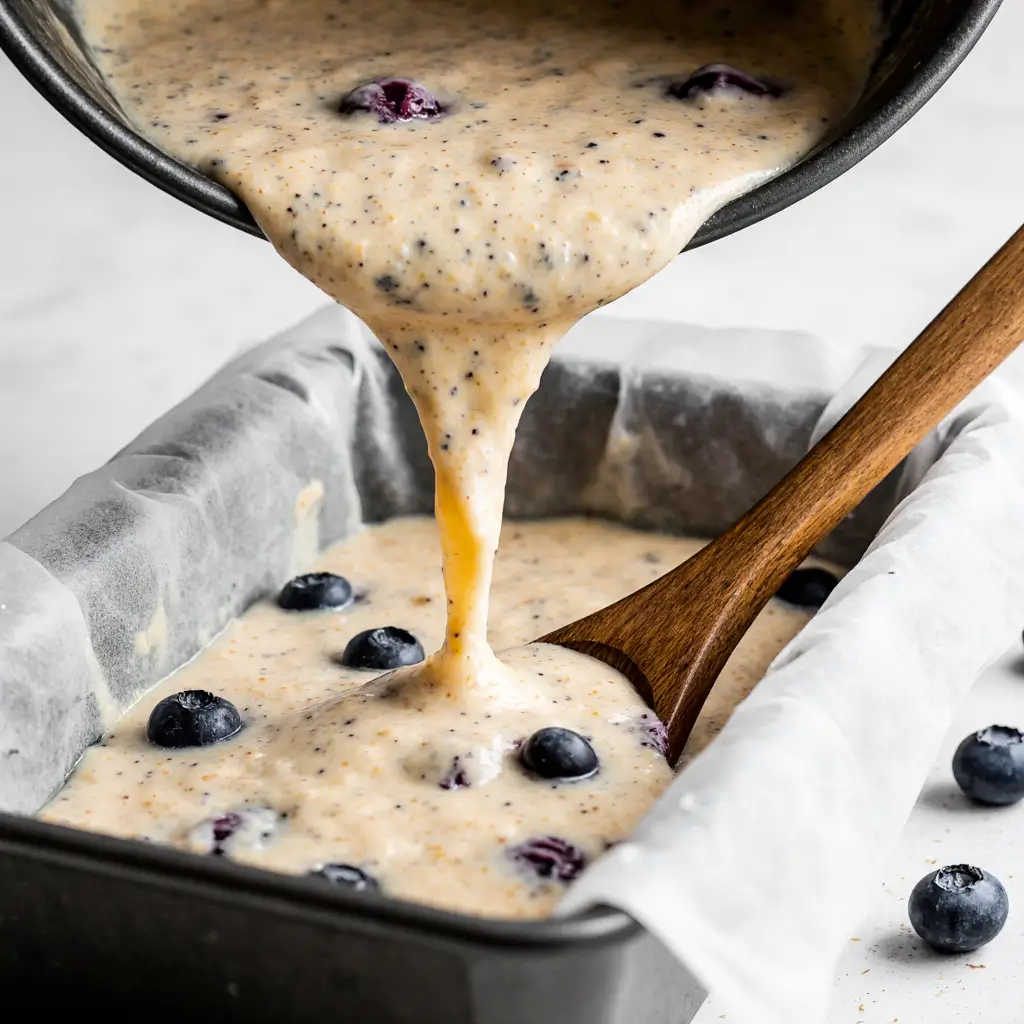 Blueberry Bread with Cottage Cheese: 7 Reasons You’ll Love This Protein-Packed Treat 9 Pouring batter for blueberry bread with cottage cheese into loaf pan