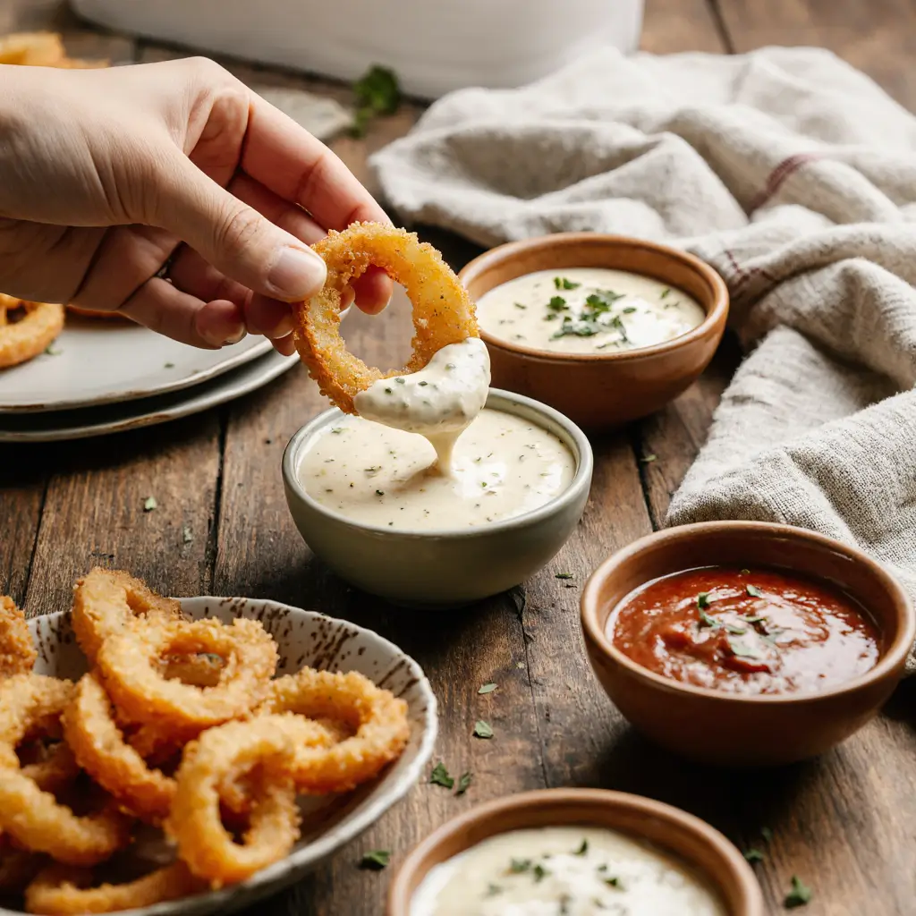 Cheesy Onion Rings Keto – The Ultimate Low-Carb Crunchy Snack 10 cheesy onion rings keto dipped in garlic aioli with other keto sauces