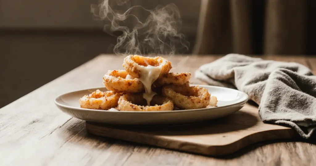 Cheesy Onion Rings Keto – The Ultimate Low-Carb Crunchy Snack 6 golden cheesy onion rings keto stacked on rustic plate
