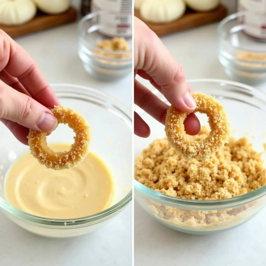 Keto Parmesan Onion Rings That Crunch Like the Real Thing 8 Dipping onion ring in parmesan coating for keto recipe