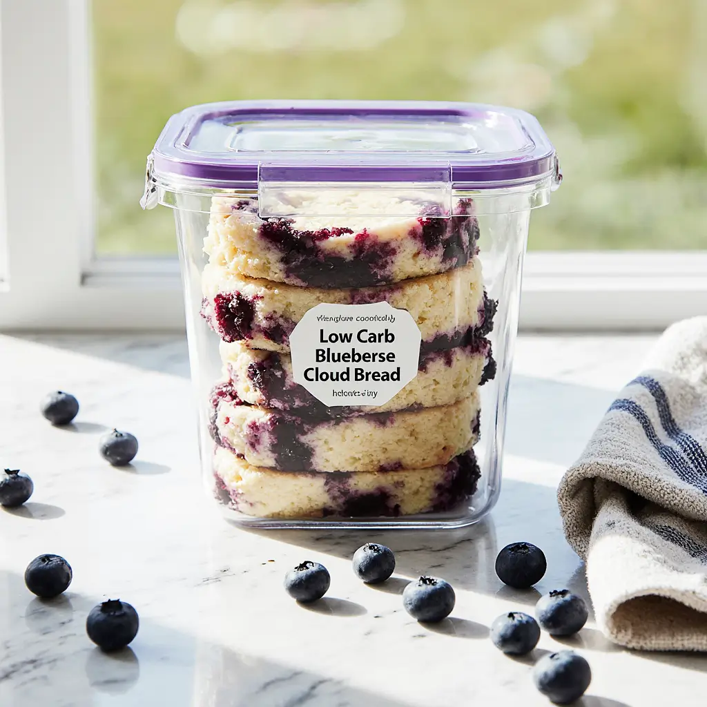 Cottage Cheese Blueberry Cloud Bread Is Going Viral – Here’s How To Make It 7 Cottage cheese blueberry cloud bread stored in a glass container