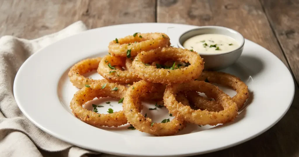 Crispy Keto Onion Rings – The Ultimate Low-Carb Crunch You’ll Love 6 Crispy keto onion rings served with low-carb dipping sauce