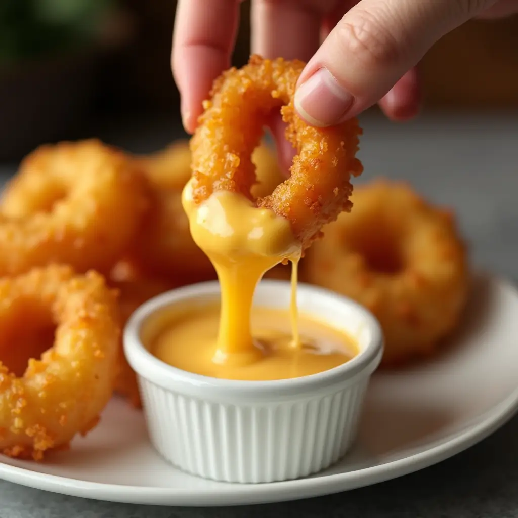 Keto Onion Rings with Cheese: The Best Low-Carb Comfort Snack of the Year 10 Dipping keto onion ring with cheese into sauce