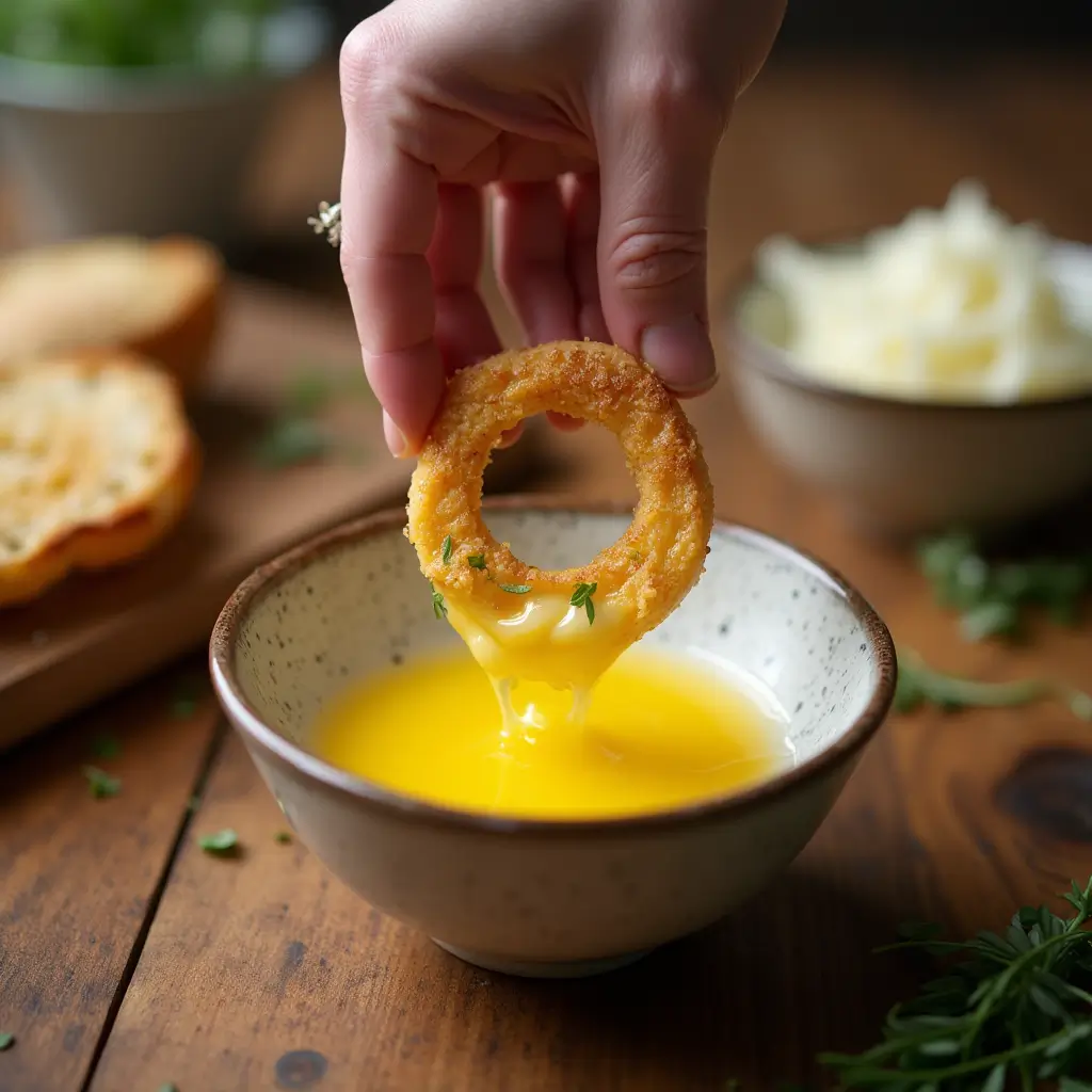 Keto Onion Rings with Parmesan Cheese – The Ultimate Low-Carb Crunch 9 dipping onion ring into egg before parmesan coating keto recipe