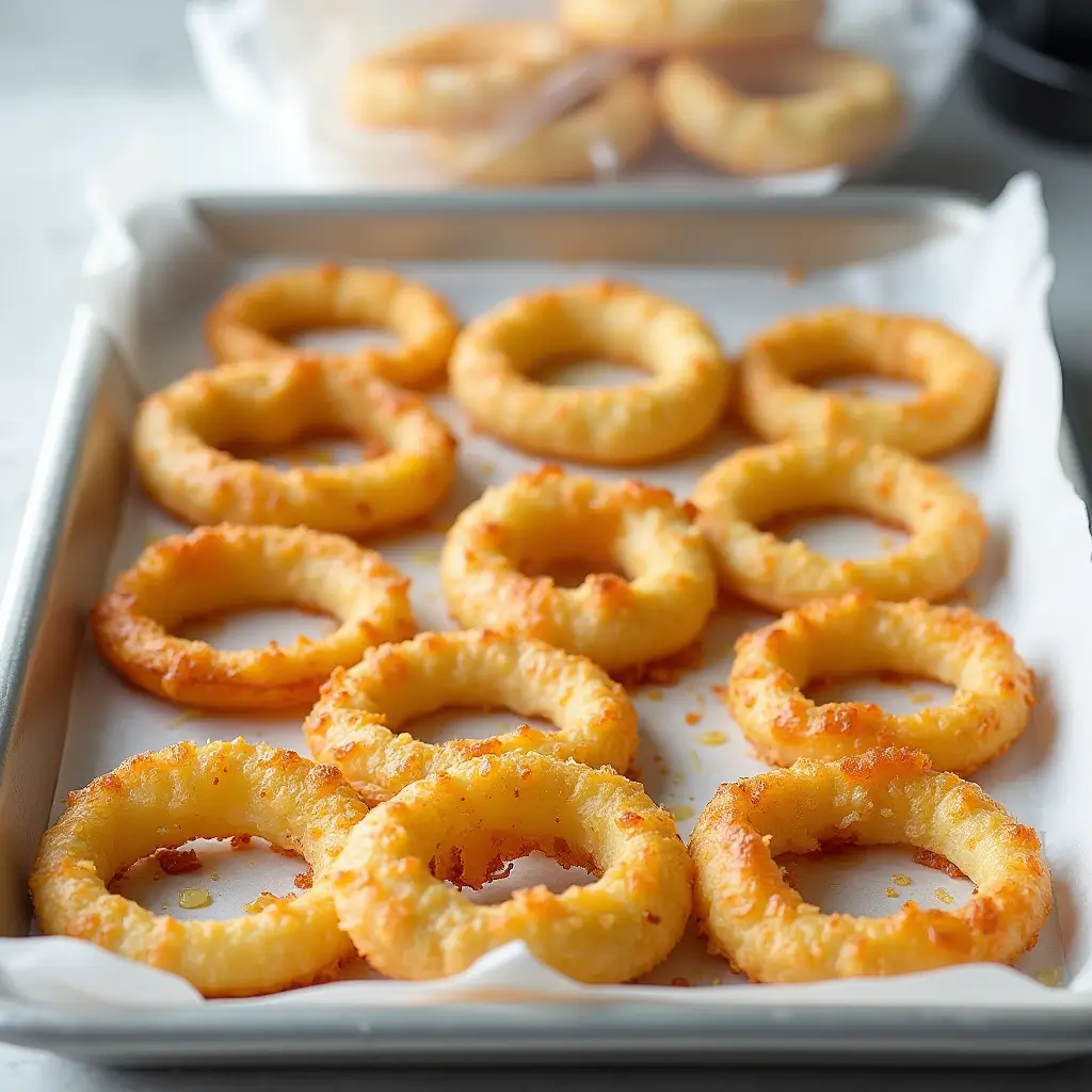 Keto Parmesan Onion Rings That Crunch Like the Real Thing 10 Keto onion rings laid out for freezing before storage