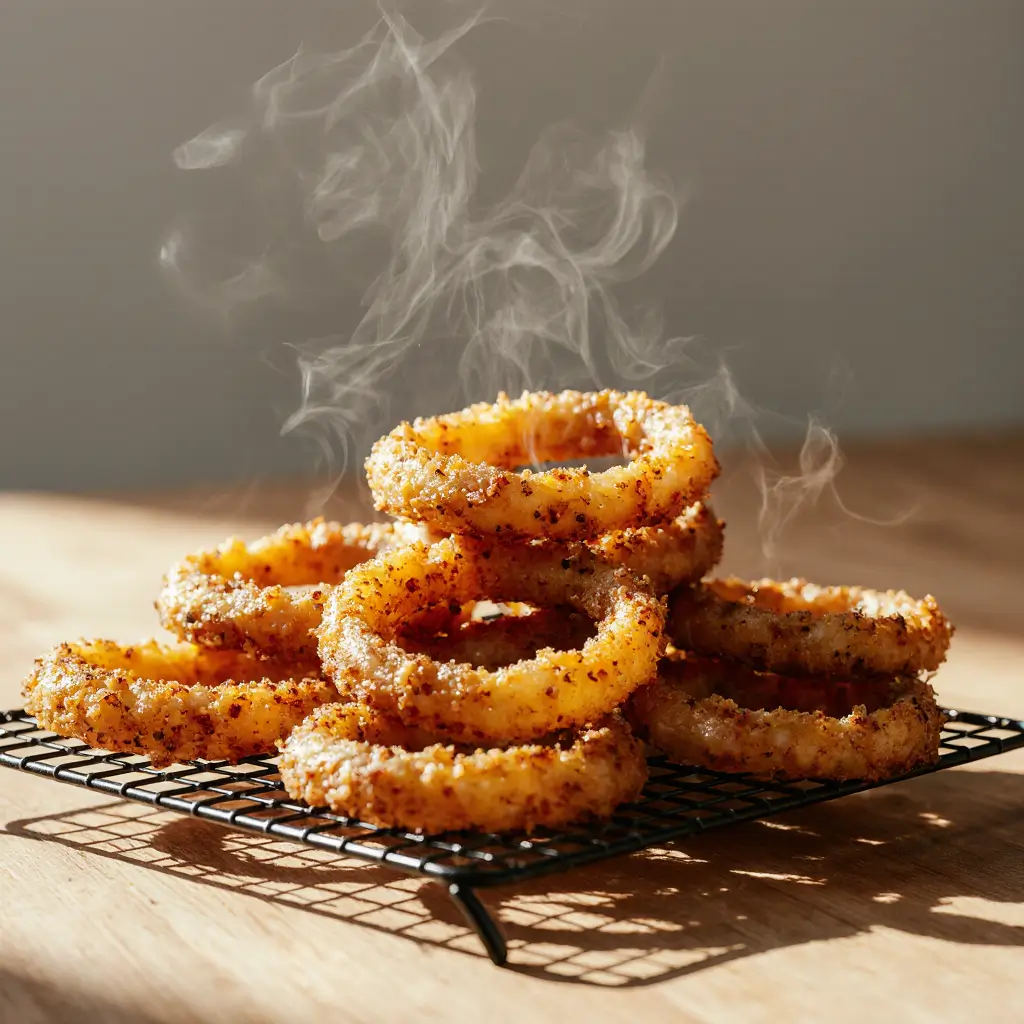 Keto Crispy Onion Rings – The Ultimate Low-Carb Snack You’ll Love 9 freshly cooked keto crispy onion rings on cooling rack