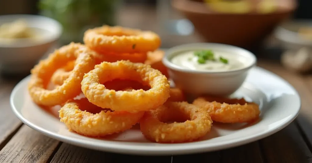The Best Ever Keto Friendly Onion Rings Recipe for Crispy Low-Carb Snacking 6 keto friendly onion rings with dip on white plate