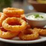 The Best Ever Keto Friendly Onion Rings Recipe for Crispy Low-Carb Snacking 8 keto friendly onion rings with dip on white plate