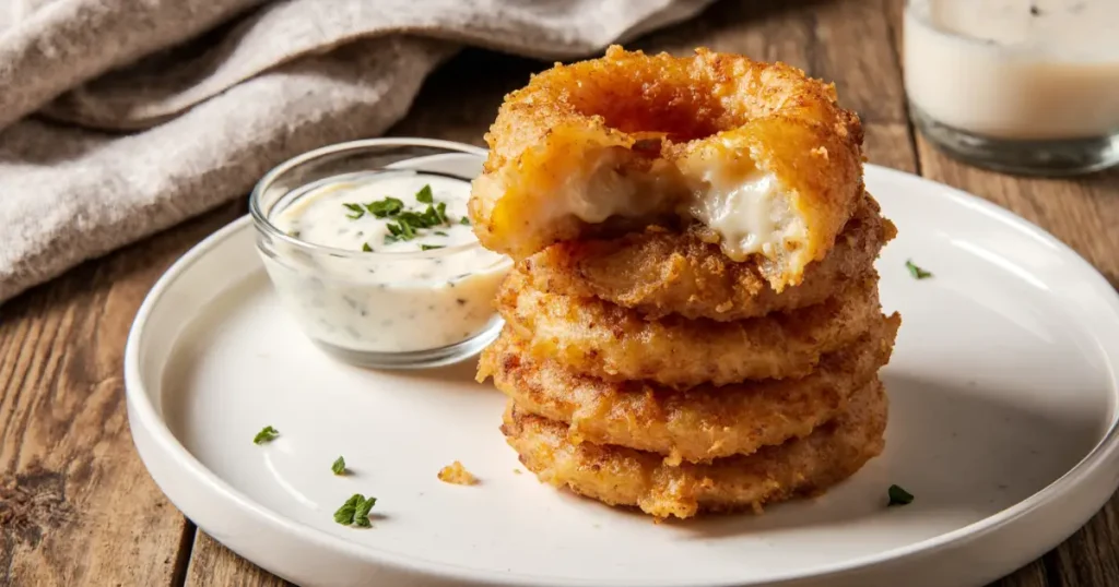 Keto Onion Cheese Rings Recipe: 5-Ingredient Low-Carb Crunch You’ll Love 6 keto onion cheese rings with ranch dip on a plate
