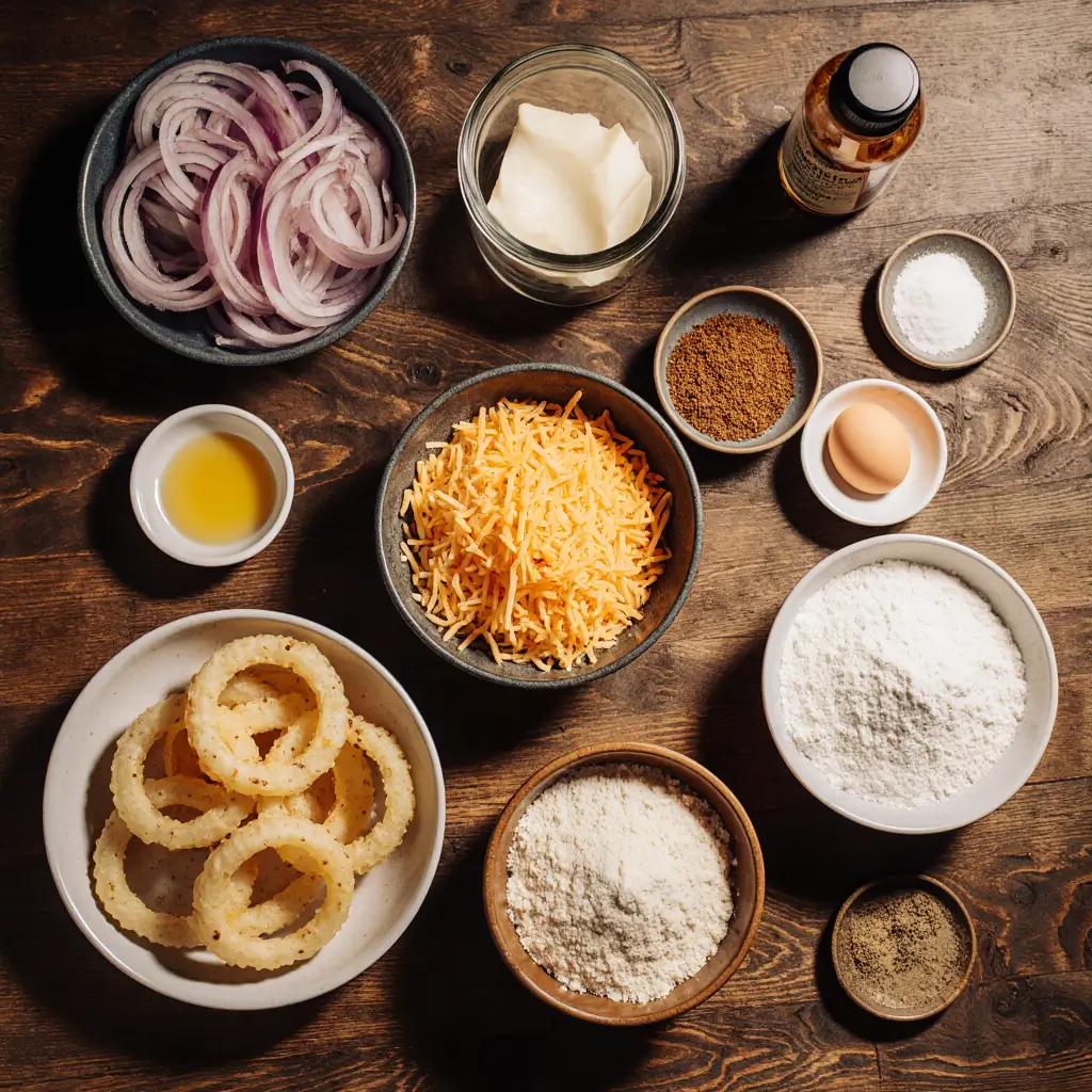Keto Onion Cheese Rings Recipe: 5-Ingredient Low-Carb Crunch You’ll Love 9 ingredients for keto onion cheese rings laid out on wooden counter
