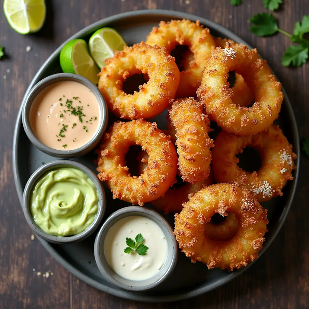 Keto Onion Rings with Parmesan Cheese – The Ultimate Low-Carb Crunch 10 keto onion rings with parmesan cheese and dipping sauces on platter