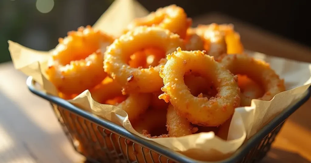 Keto Onion Rings with Parmesan Cheese – The Ultimate Low-Carb Crunch 6 Crispy keto onion rings with parmesan cheese served in a basket