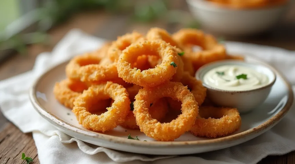 The Ultimate Keto Onion Rings Recipe for a Guilt-Free Crunch 6 plate of keto onion rings recipe with garlic herb dip