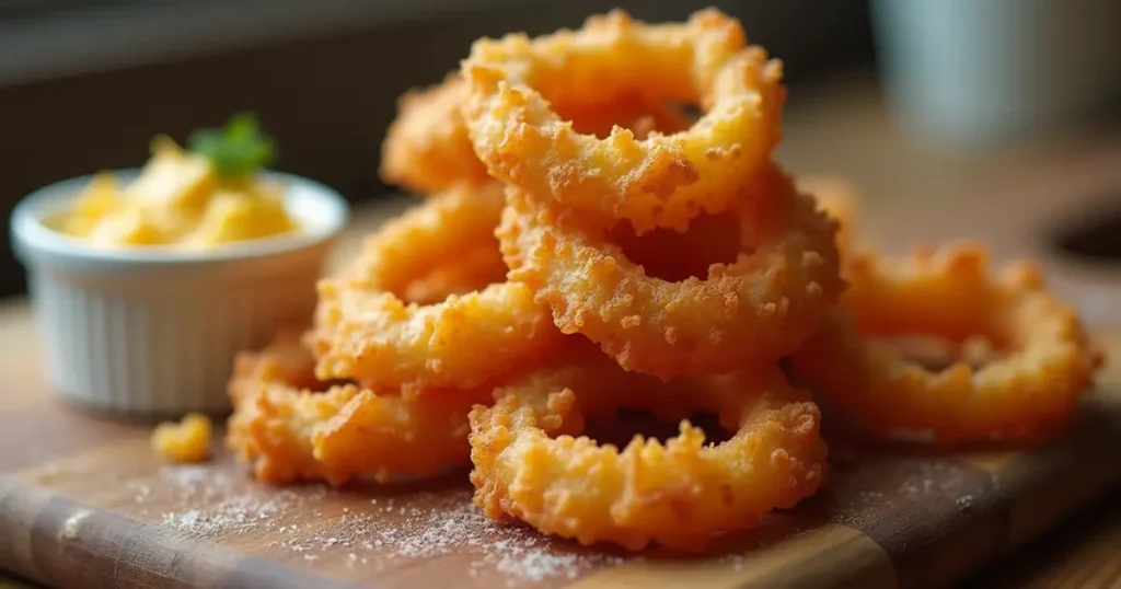 Keto Onion Rings with Cheese: The Best Low-Carb Comfort Snack of the Year 6 Keto onion rings with cheese on a rustic wooden board
