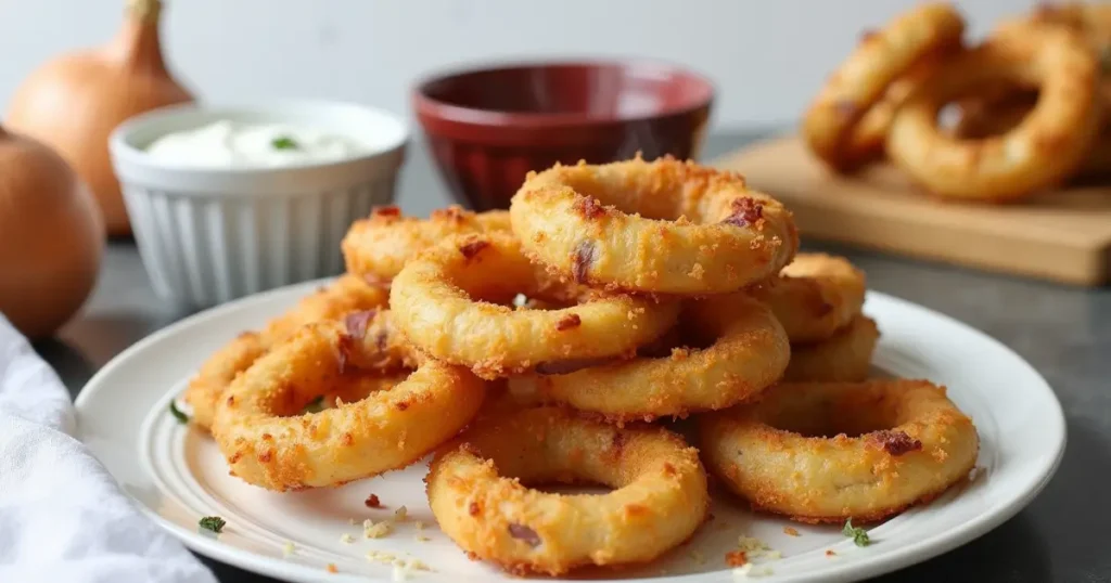 Keto Parmesan Onion Rings That Crunch Like the Real Thing 6 Crispy baked keto parmesan onion rings on a rustic plate