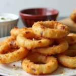 Keto Parmesan Onion Rings That Crunch Like the Real Thing 7 Crispy baked keto parmesan onion rings on a rustic plate