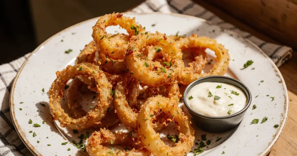 Crispy Keto Parmesan Onion Rings Recipe You’ll Love 6 Keto parmesan onion rings recipe with garlic aioli on a plate