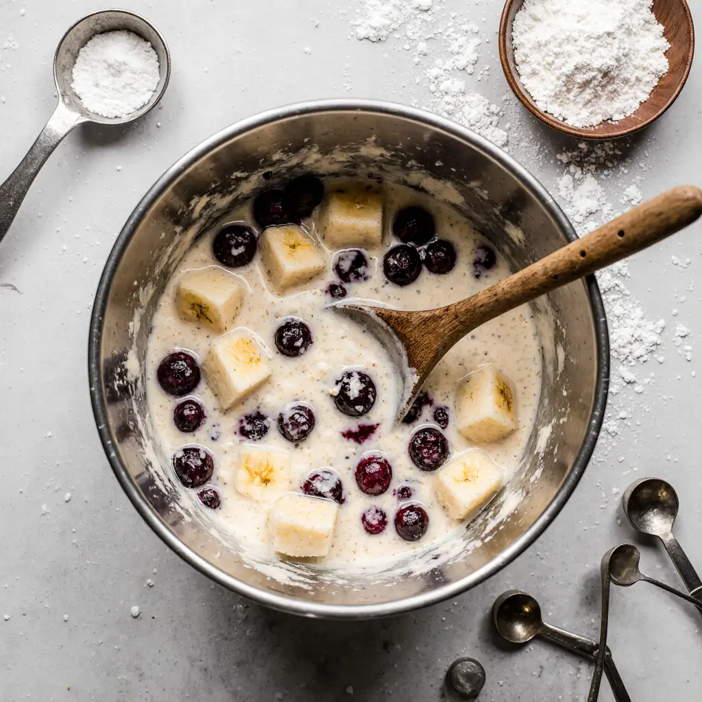 Banana Blueberry Cottage Cheese Bread: The Best Moist & Healthy Recipe 8 mixing banana blueberry cottage cheese bread batter