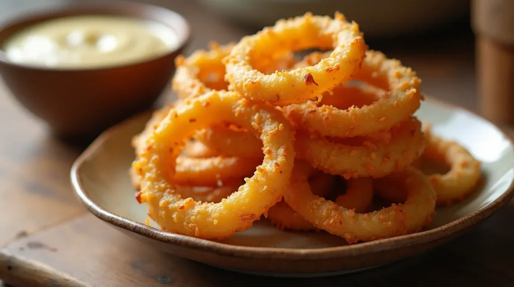Onion Rings Keto Recipe – The Best Low-Carb Crunch You’ll Love 6 onion rings Keto served with dipping sauce on rustic plate