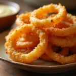 Onion Rings Keto Recipe – The Best Low-Carb Crunch You’ll Love 7 onion rings Keto served with dipping sauce on rustic plate