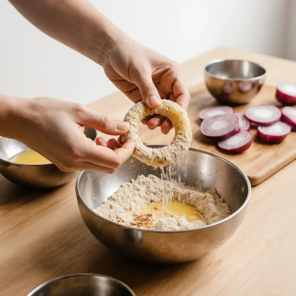 Crispy Keto Onion Rings – The Ultimate Low-Carb Crunch You’ll Love 8 Keto onion rings being breaded with almond flour and egg wash